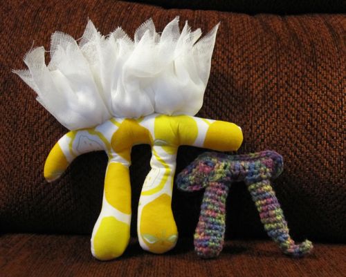 plush pi in lemon fabric and crochet pi