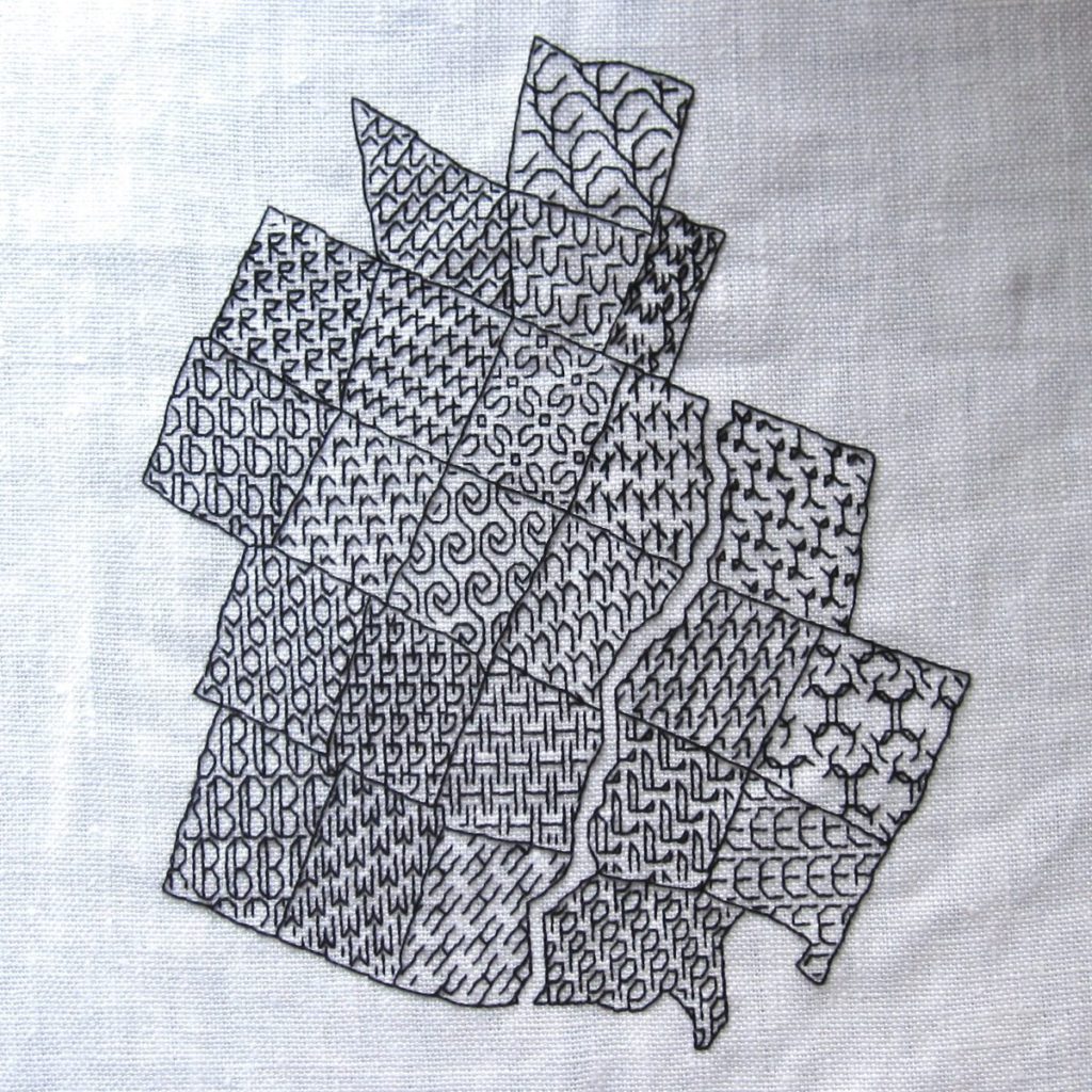 blackwork map, halfway stitched