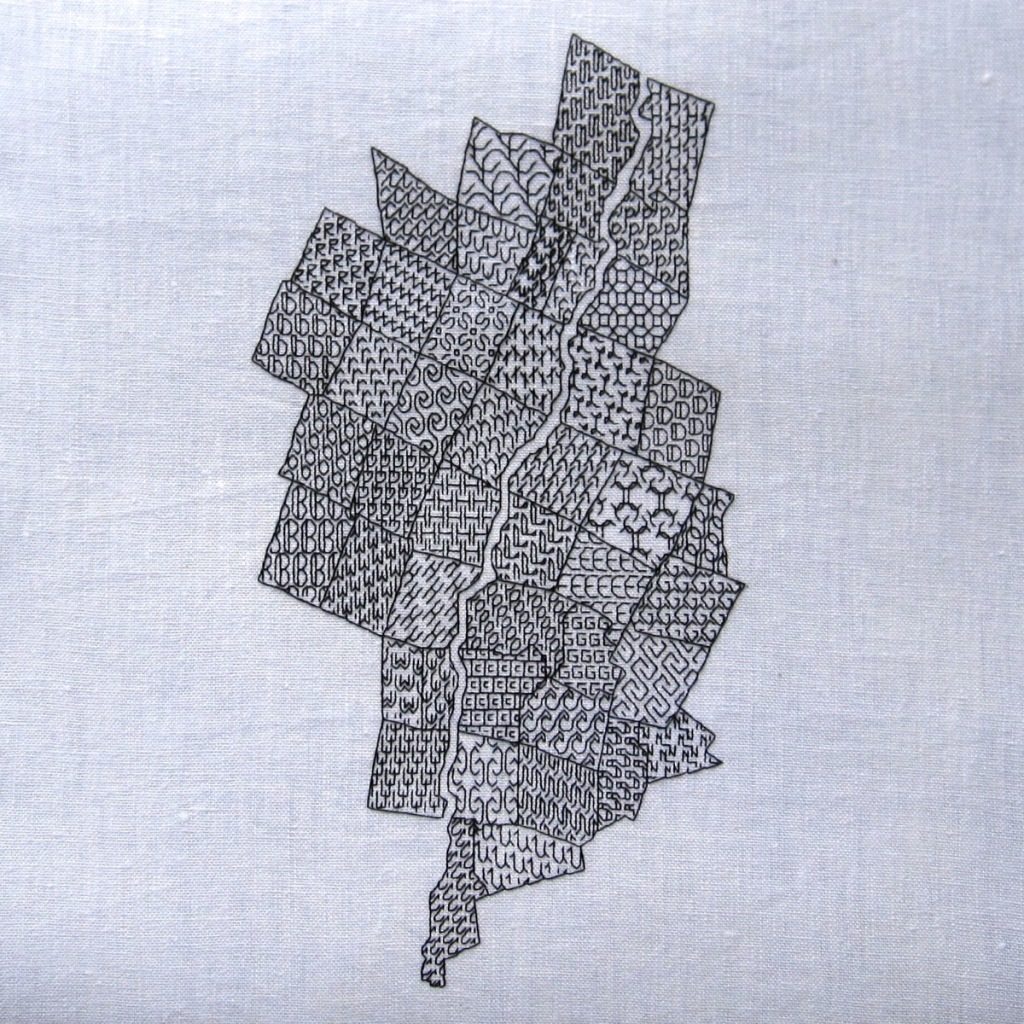 completed blackwork embroidery map