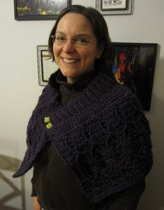 photo of me wearing the finished cabled wrap