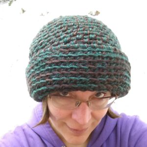 hat on author, moss stitch side out
