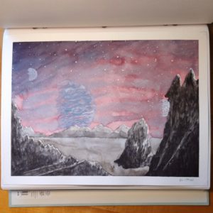 Watercolor planetscape with planet, moons, and apparent face in the sky