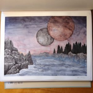 Watercolor plantescape with two moons and a river