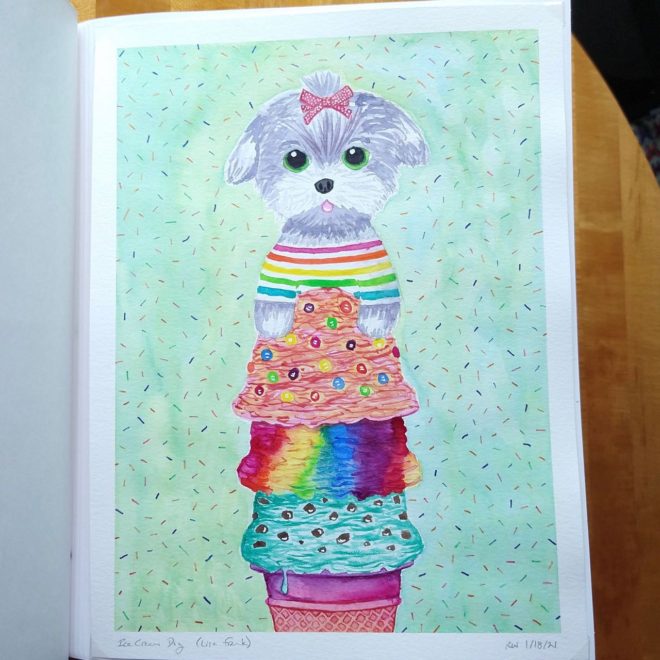 A painting of a dog on an ice cream cone, after the work of Lisa Frank