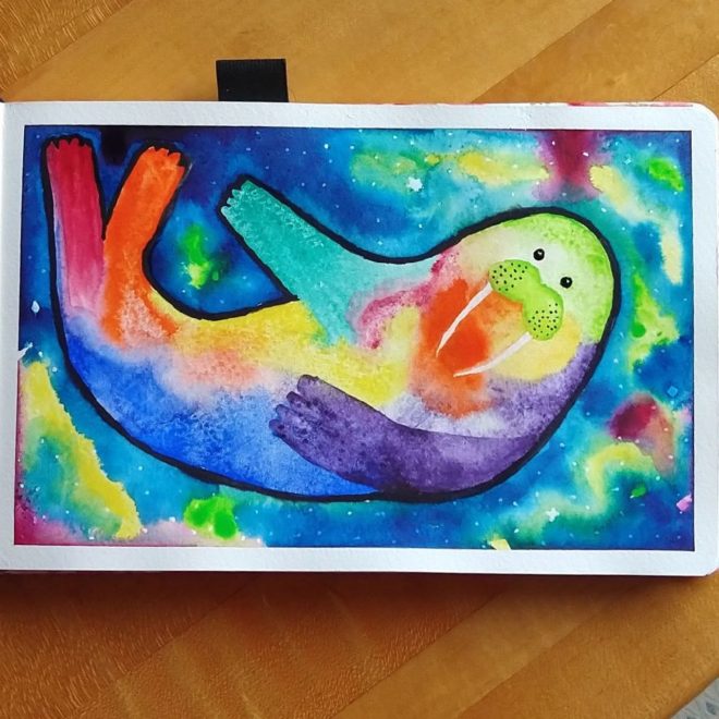 Cartoonish walrus in rainbow colors over a nebula-like space background