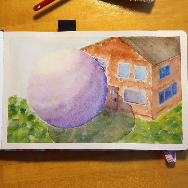 Huge purple sphere floating in front of a house