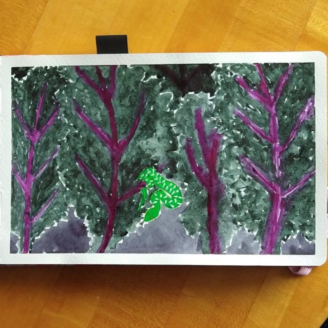 Forest of large leaves of purple kale with emerald-green snake in foreground