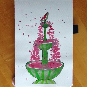 3-tier fountain, each tier a half watermelon, a decorative watermelon slice on top and pink water flowing down
