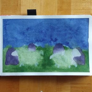 Night scene with translucent sheep shapes and gravestones