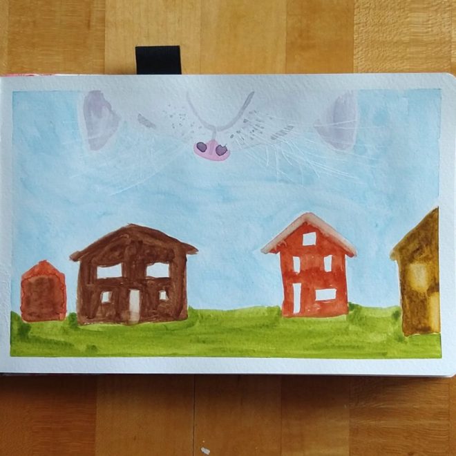 Cartoonish houses with huge cat head peering in from the top