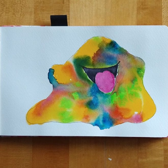 Abstract shape suggesting a head and outstretched arms, colored in tie dye, with big open grinning mouth and tongue out