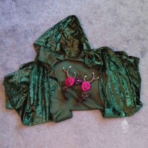 Green velvet cloak and antler headband